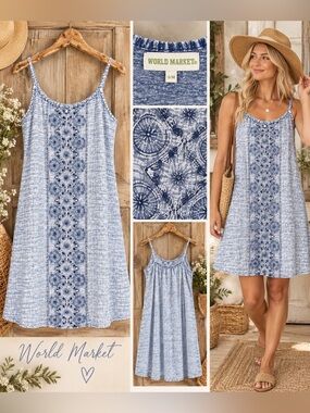 *Cost Plus World Market* S/M Light Blue Embroidered Spaghetti-Strap Dress